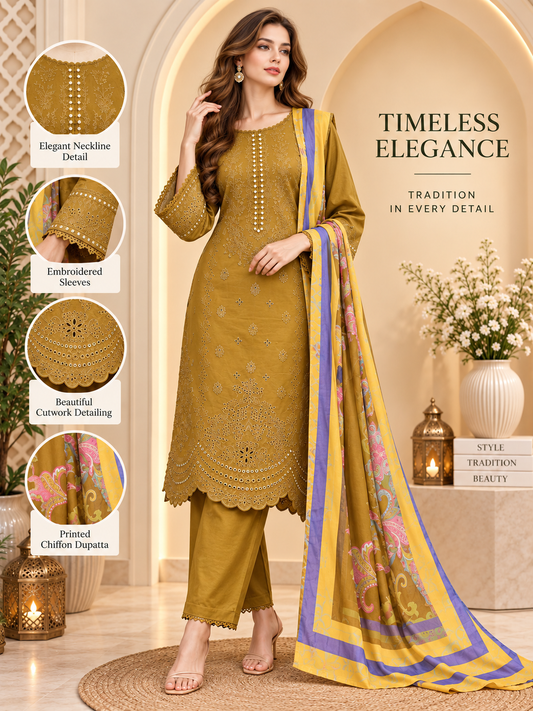 Bright Orange - 3pcs Ready-to-Wear Cambric Suit