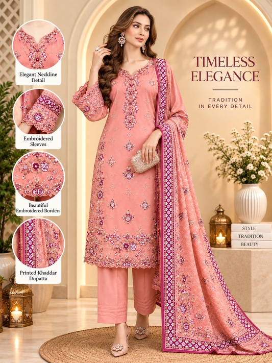 Peach Pink - 3pcs Ready-to-Wear Cambric Suit