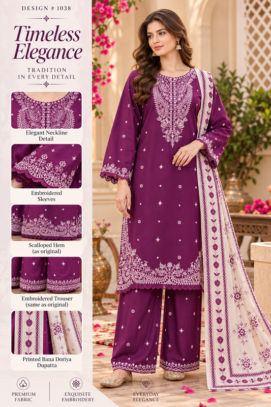 Purple - 3pcs Ready-to-Wear Cambric Suit