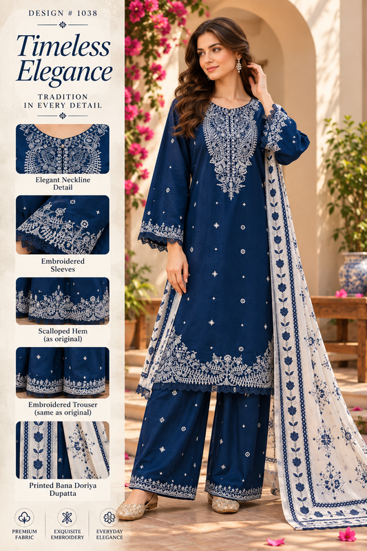 Ocean Blue - 3pcs Ready-to-Wear Cambric Suit