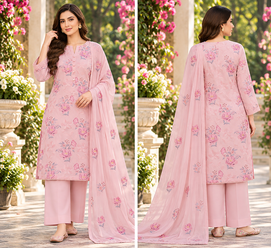 Baby Pink Rose Embroidered Karandi