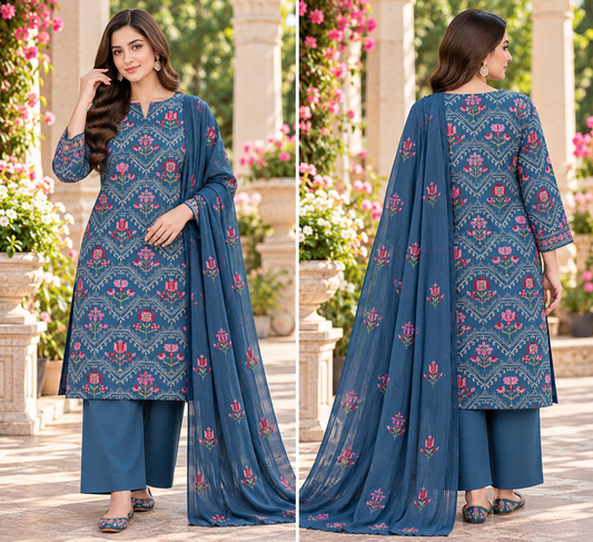 Teal Blue Floral Karandi