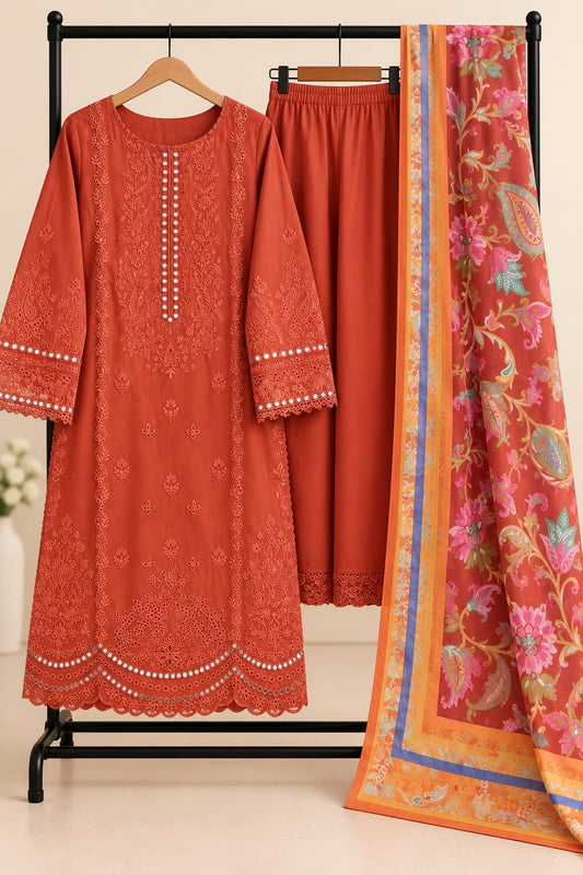 Bright Orange - 3pcs Ready-to-Wear Cambric Suit