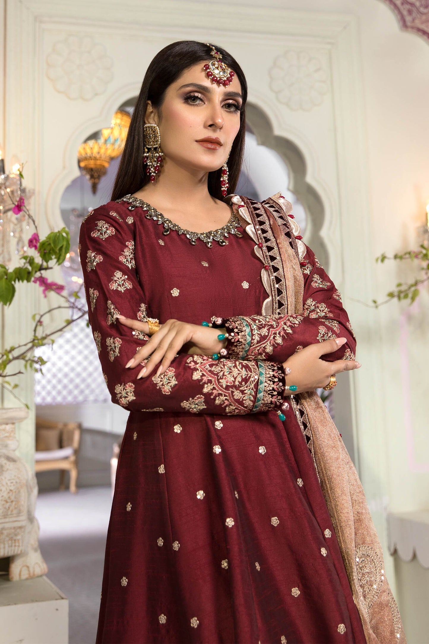 Unstitched MBROIDERED - Maroon and Salmon pink (BD-2204) - Heer Rang