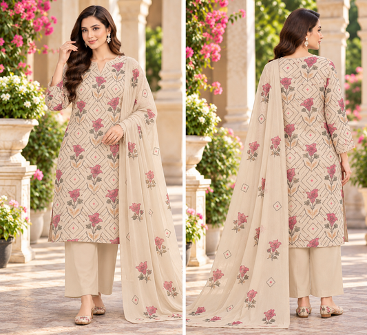 Beige Cross Stitch Floral Karandi