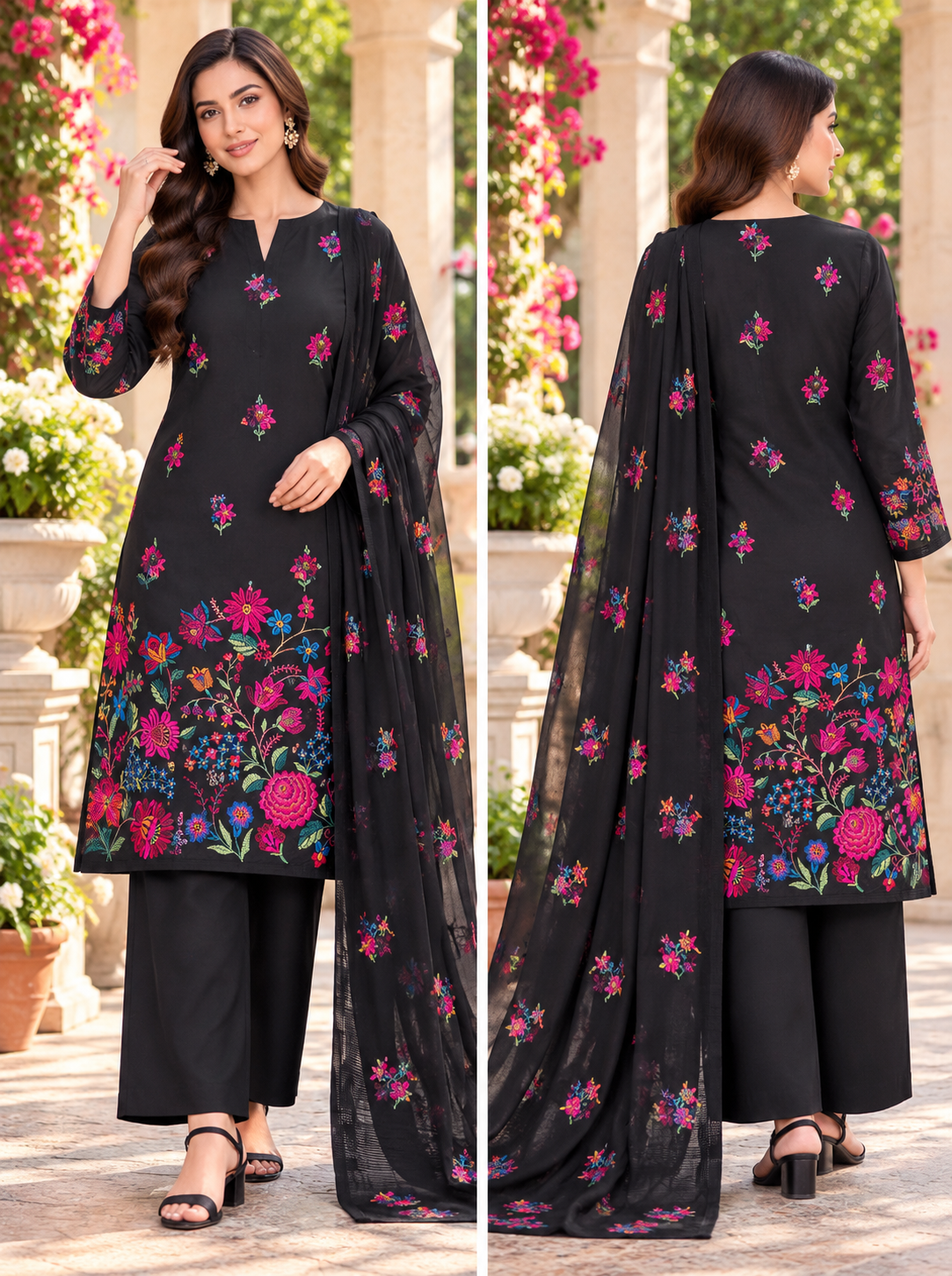 Floral Garden Black Karandi