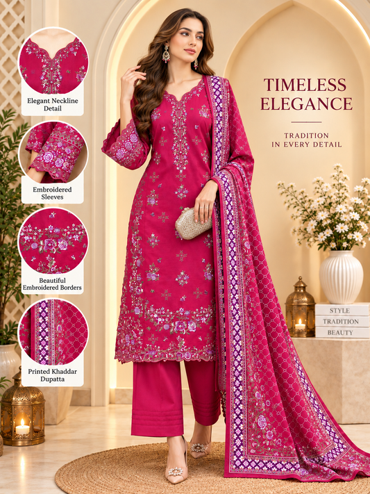 Deep Magenta - 3pcs Ready-to-Wear Cambric Suit