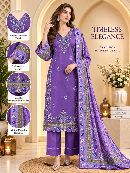 Magenta - 3pcs Ready-to-Wear Cambric Suit