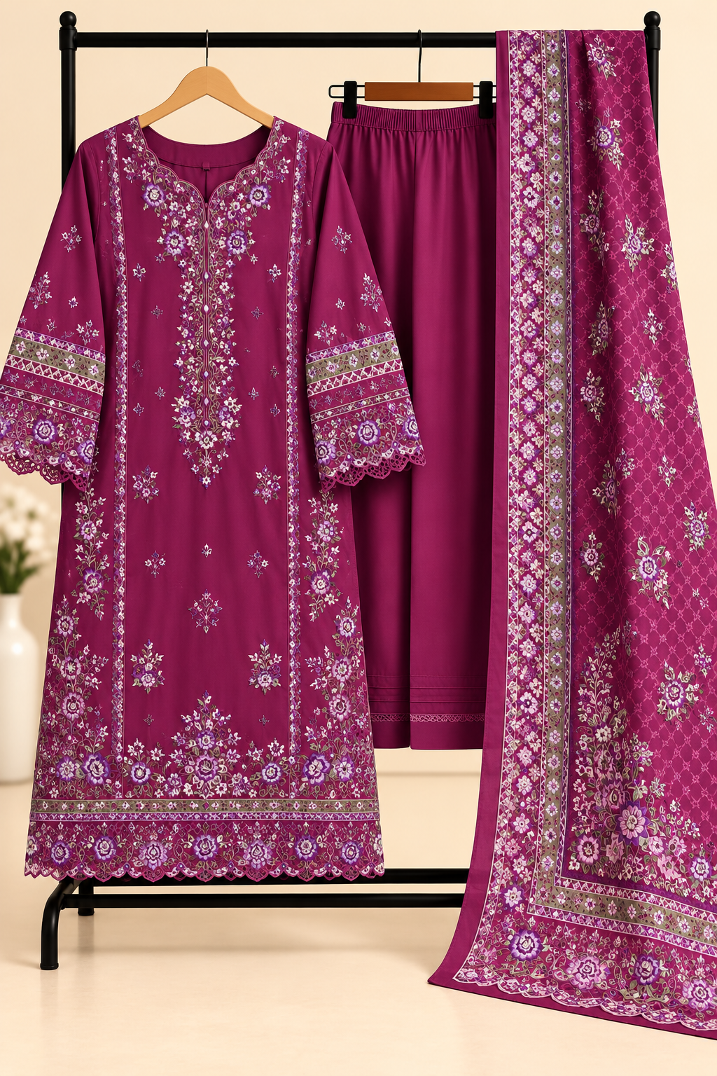 Peach Pink - 3pcs Ready-to-Wear Cambric Suit