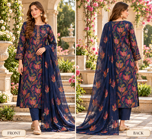Navy Blue Floral Karandi - Unstitched