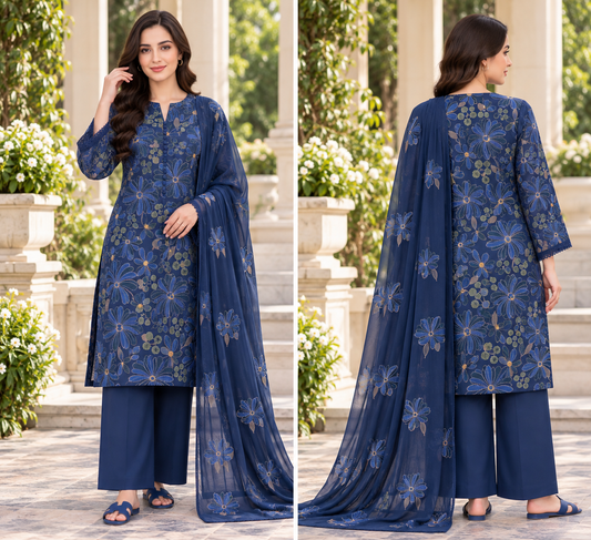 Flowery Navy Blue Karandi