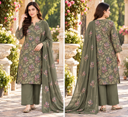 Dark Olive Floral Karandi - Unstitched