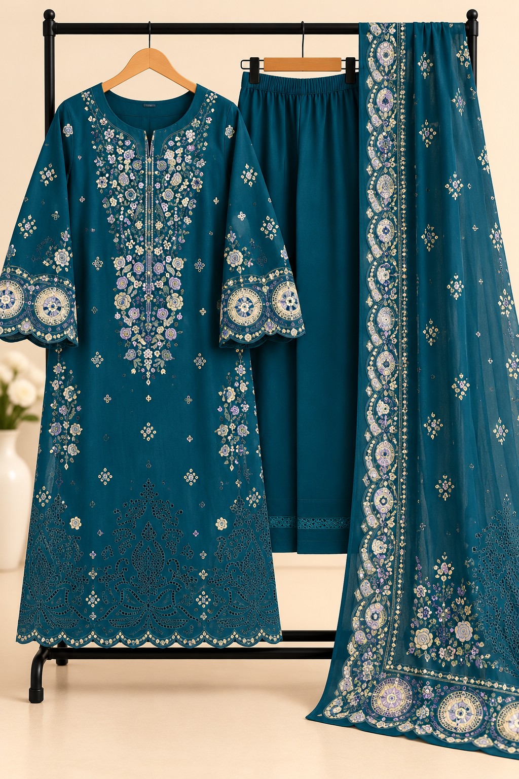 Teal Green - 3pcs Ready-to-Wear Cambric Suit