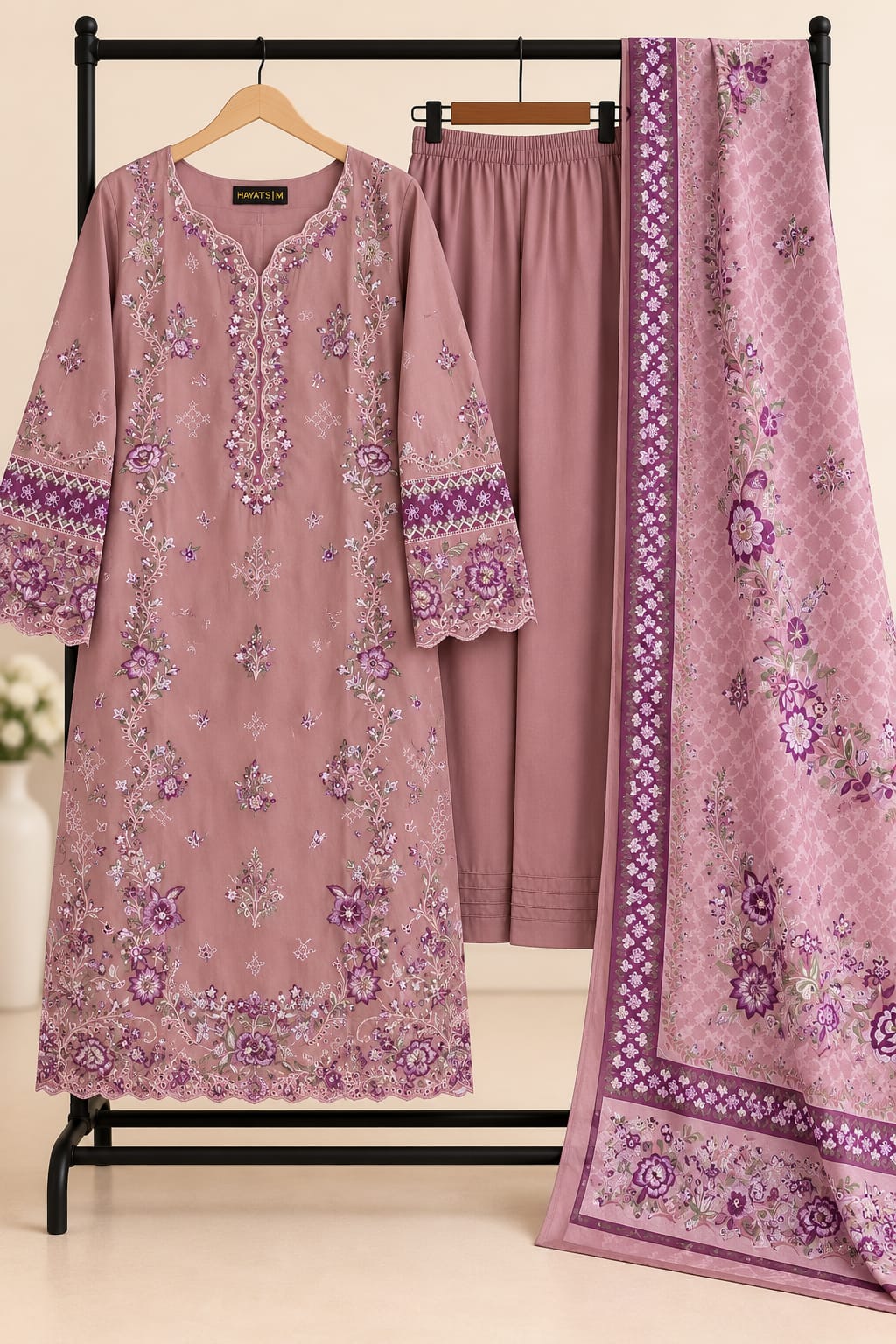 Peach Pink - 3pcs Ready-to-Wear Cambric Suit