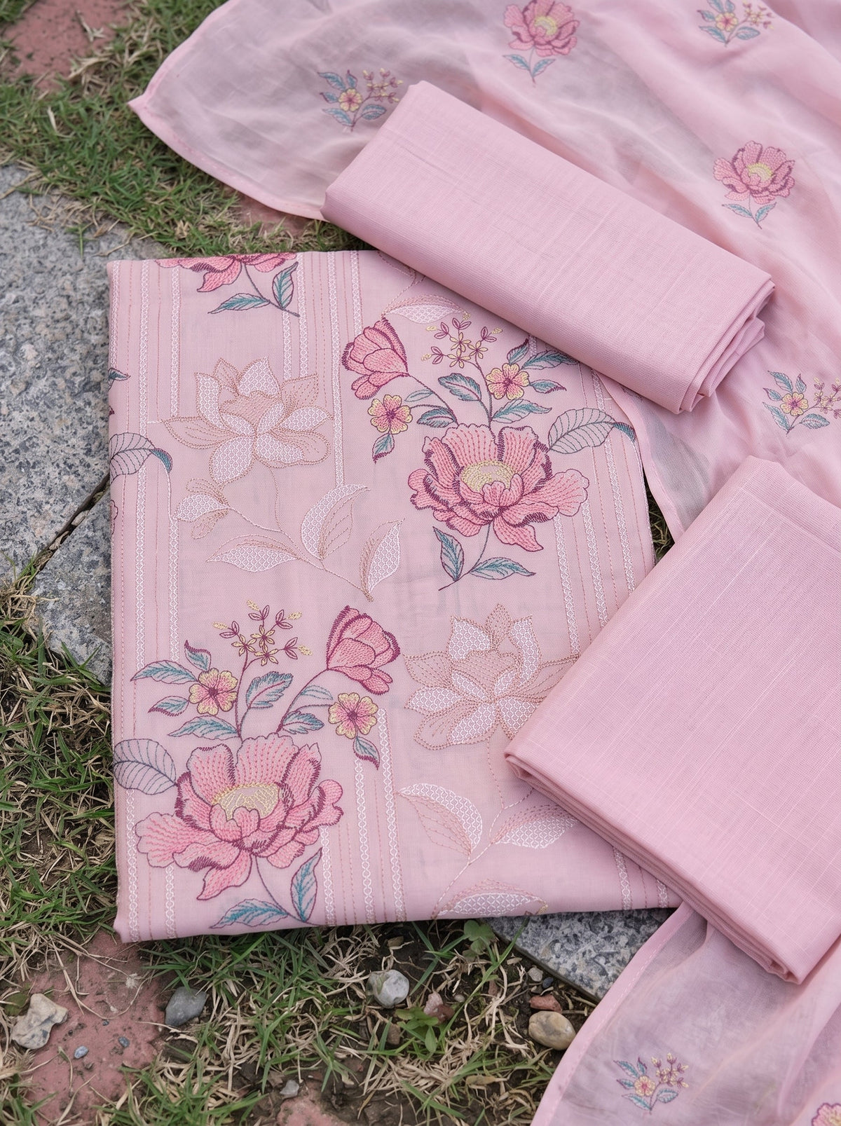 Baby Pink Rose Embroidered Karandi