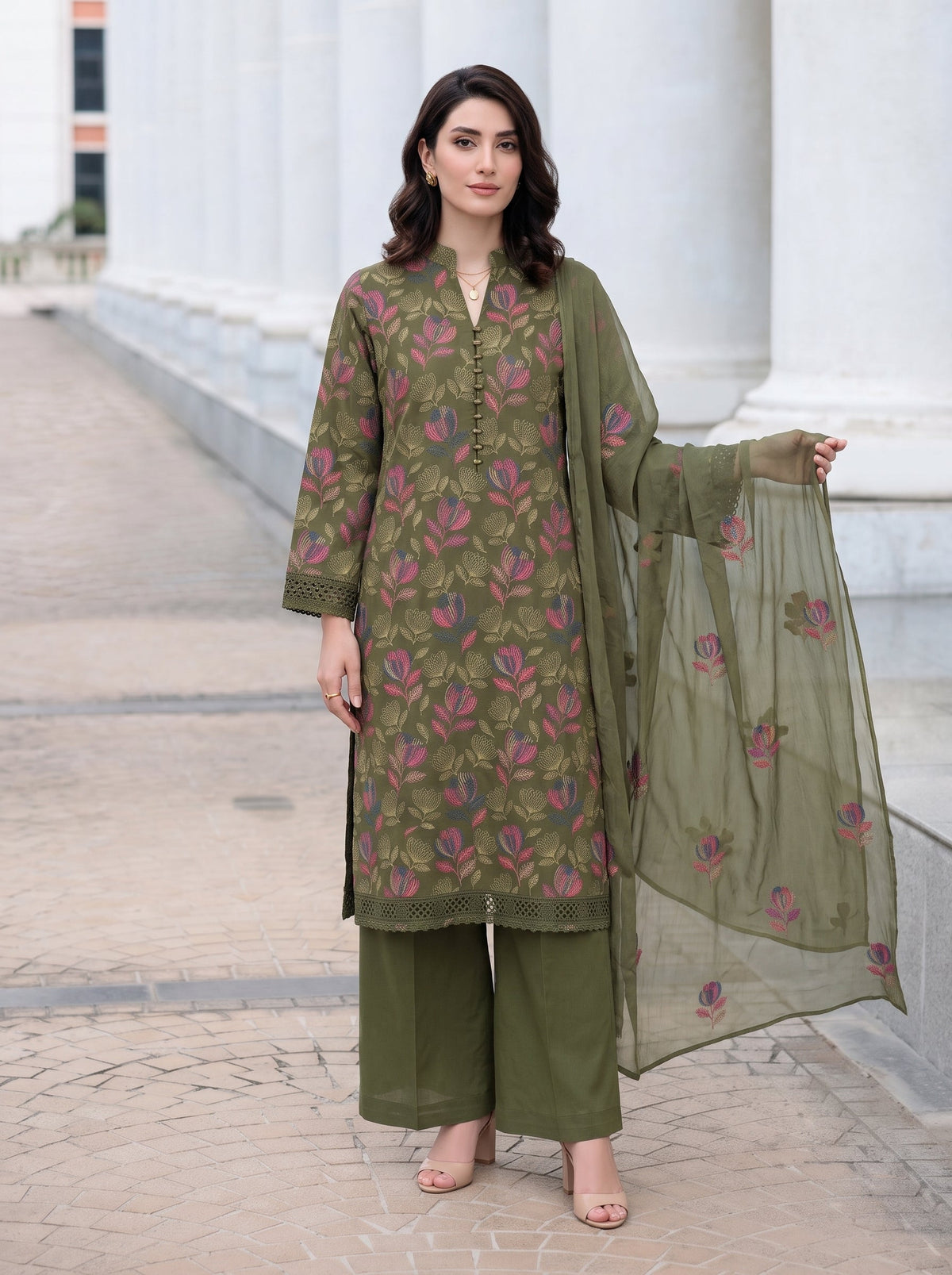 Dark Olive Floral Karandi - Unstitched