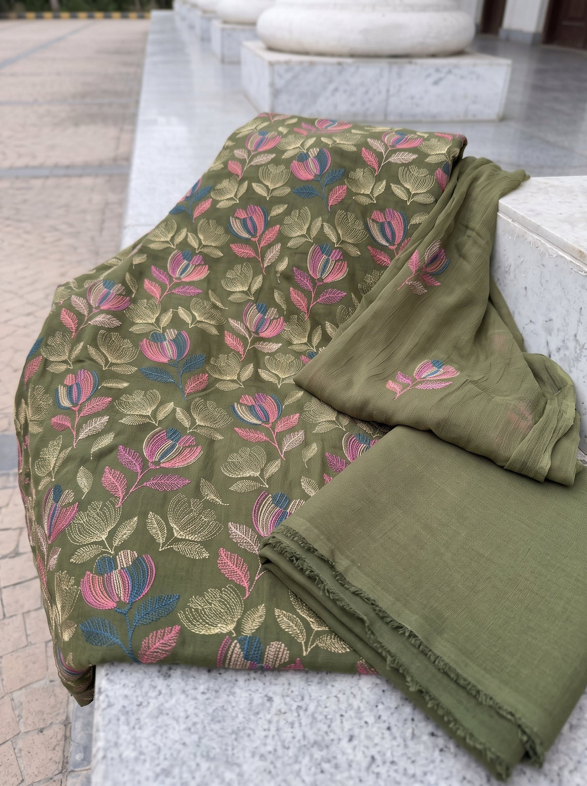 Dark Olive Floral Karandi - Unstitched