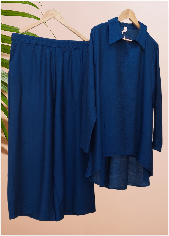 2 Piece Cotton Linen Dress - Navy Blue