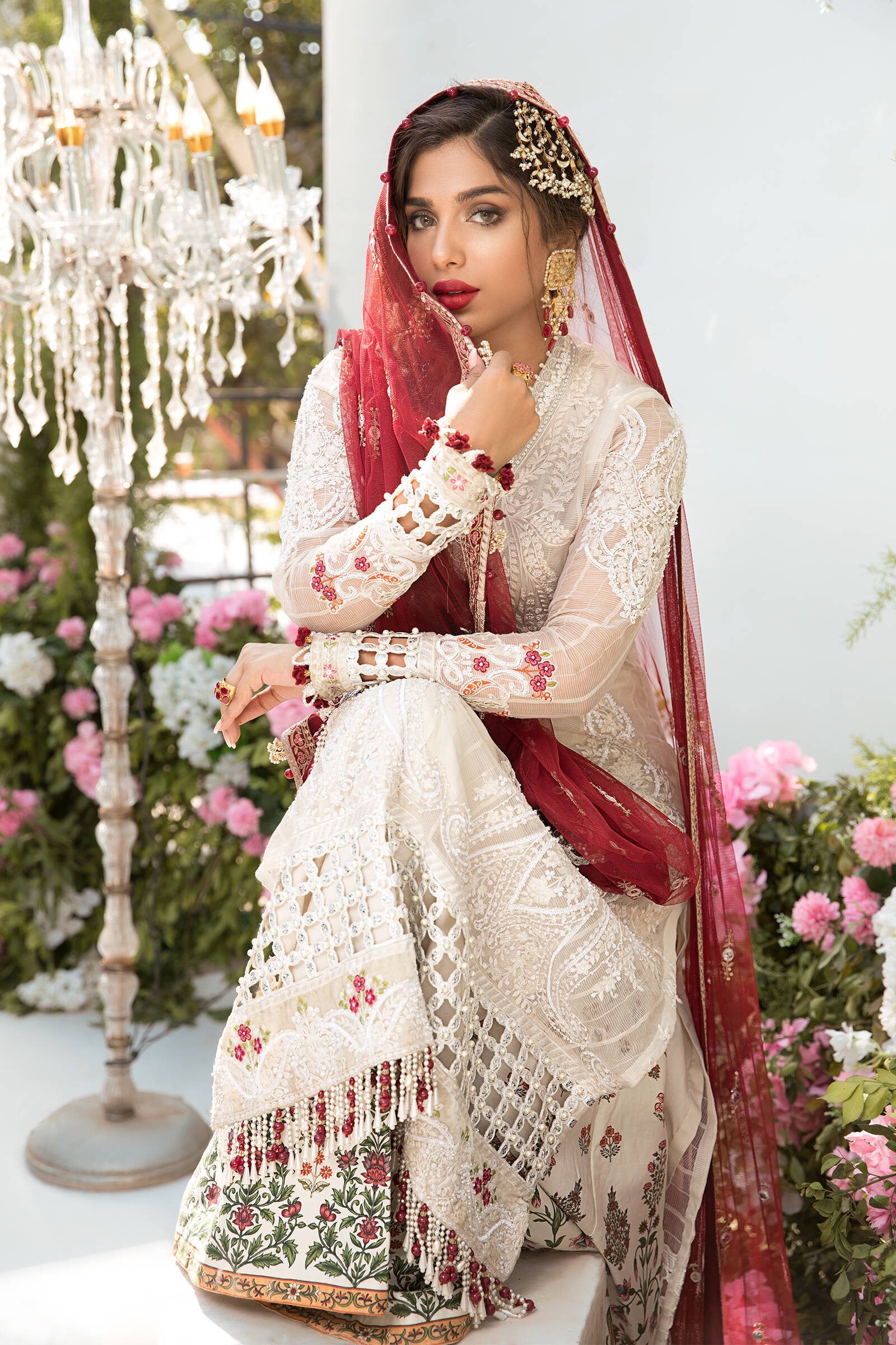 Unstitched MBROIDERED - Off White and Deep Red (BD-2103) - Heer Rang