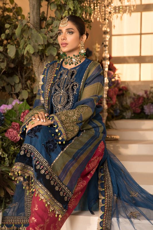 Unstitched MBROIDERED - Blue Olive green with deep Coral Pink (BD-2104) - Heer Rang