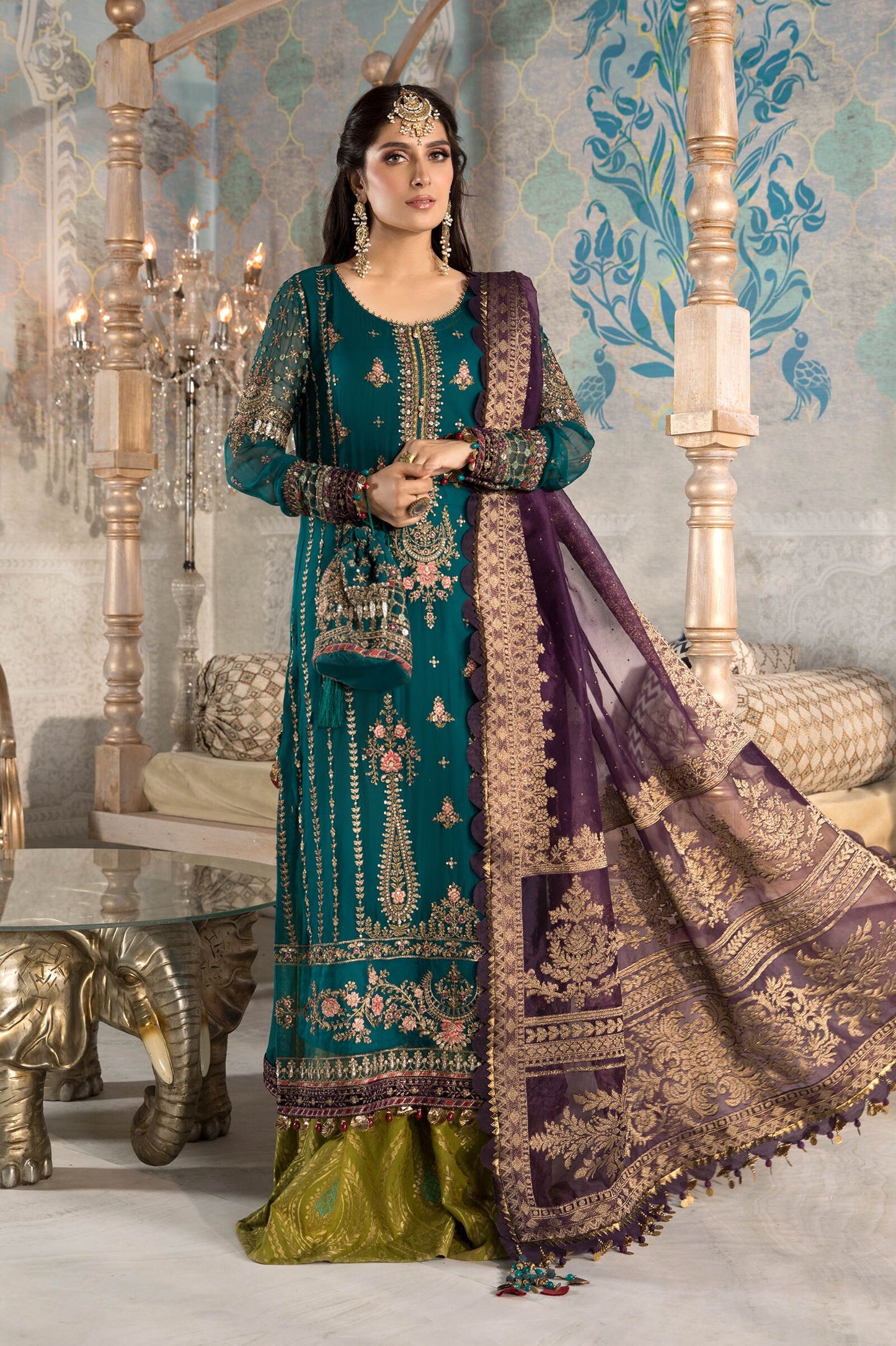 Unstitched MBROIDERED - Teal blue, Olive Green and Purple (BD-2202) - Heer Rang