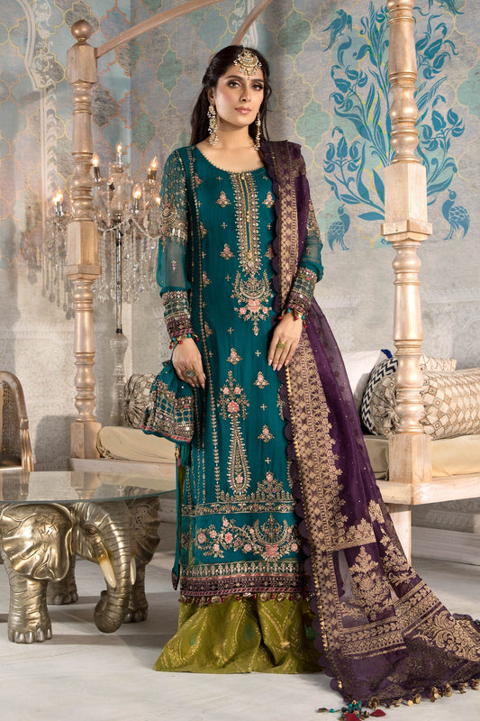 Unstitched MBROIDERED - Teal blue, Olive Green and Purple (BD-2202) - Heer Rang