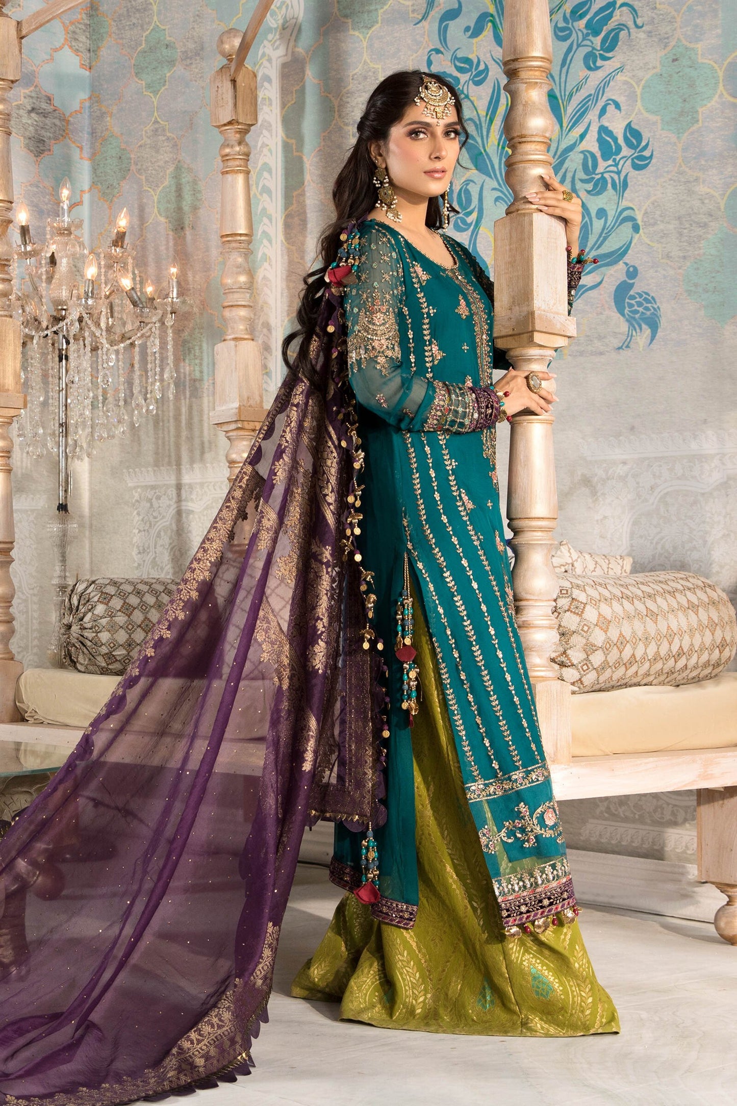 Unstitched MBROIDERED - Teal blue, Olive Green and Purple (BD-2202) - Heer Rang