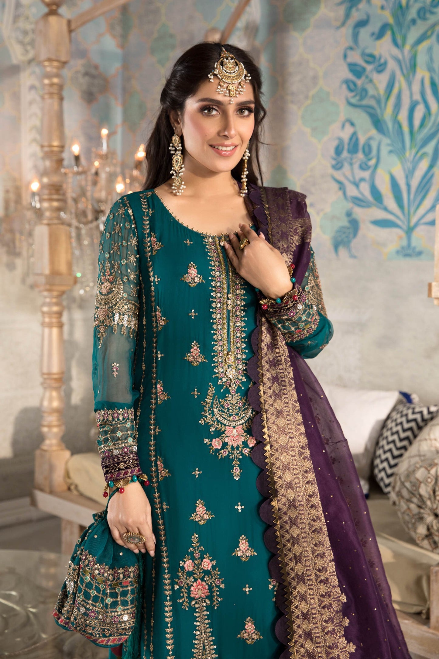 Unstitched MBROIDERED - Teal blue, Olive Green and Purple (BD-2202) - Heer Rang