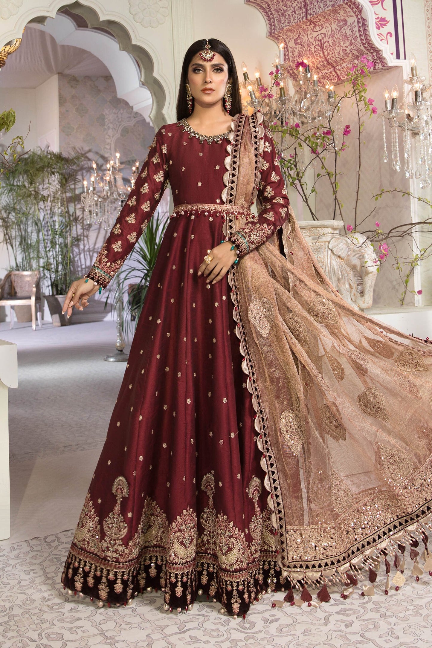 Unstitched MBROIDERED - Maroon and Salmon pink (BD-2204) - Heer Rang